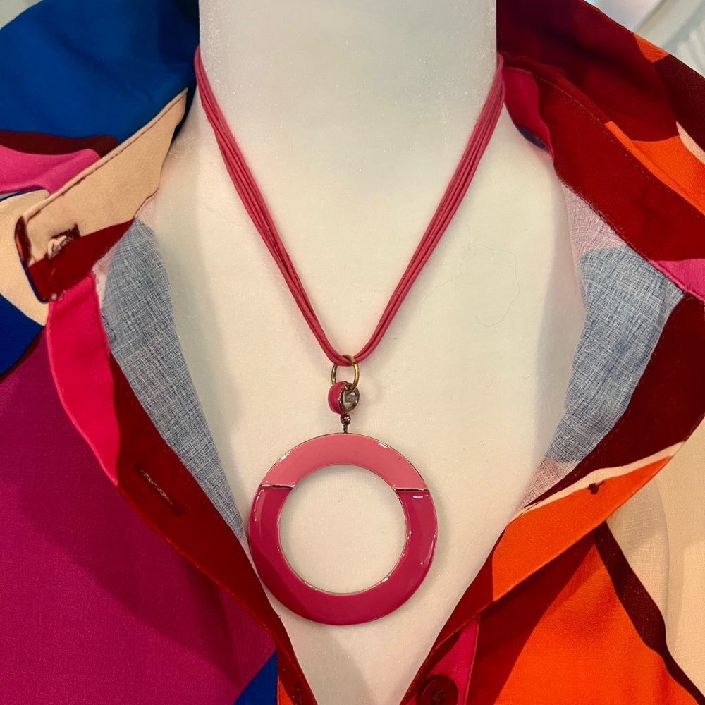 Pink Two Tone Metal and Leather Necklace